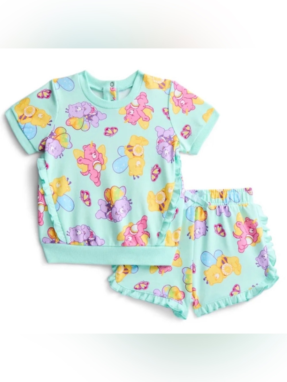 Care Bears Aqua Short Sleeve Allover Print Ruffle Shirt And Matching Shorts